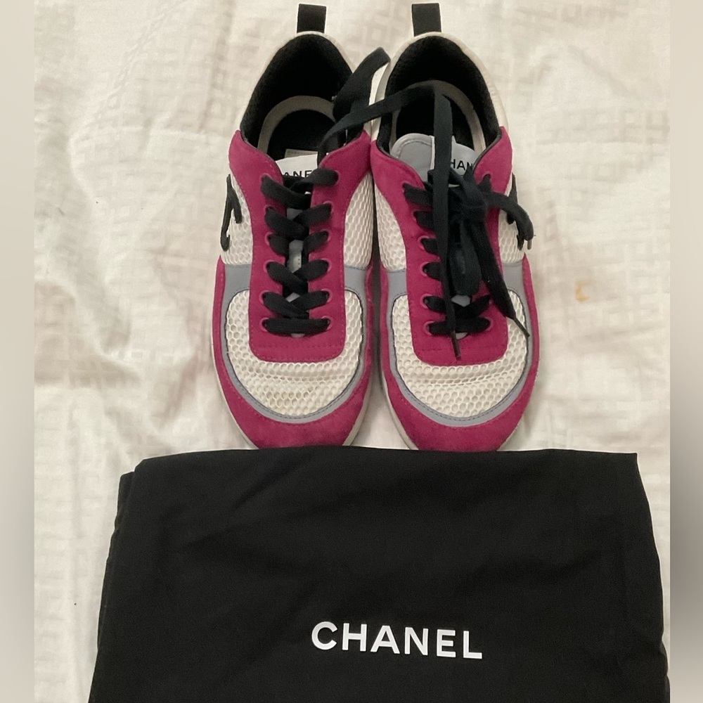 Chanel Mesh Suede Calfskin Womens CC Sneakers 38 White Dark Pink Grey
